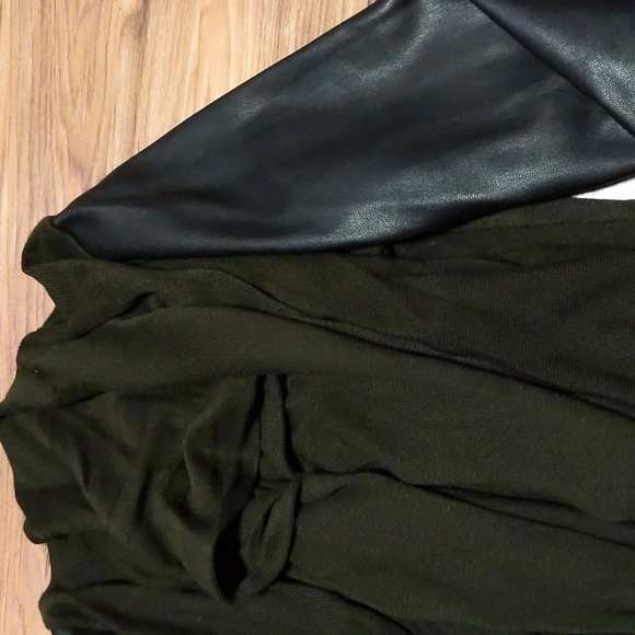 Zara Olive Waterfall Sweater with Black Faux Leather Sleeves - Picture 6 of 7